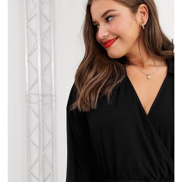 NWT ASOS DESIGN Curve long sleeve mini wrap sexy dress in black size 14 - Picture 3 of 12